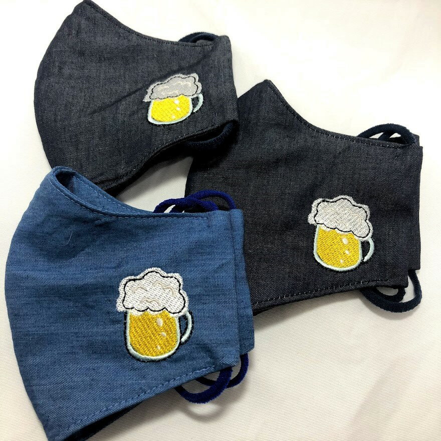 生ビール！【立体マスク】ハンドメイド　刺繍　ワンポイント　デニムとSガーゼ 布マスク　やや薄手マスク【日本製】大きめ　ワイドタイ..