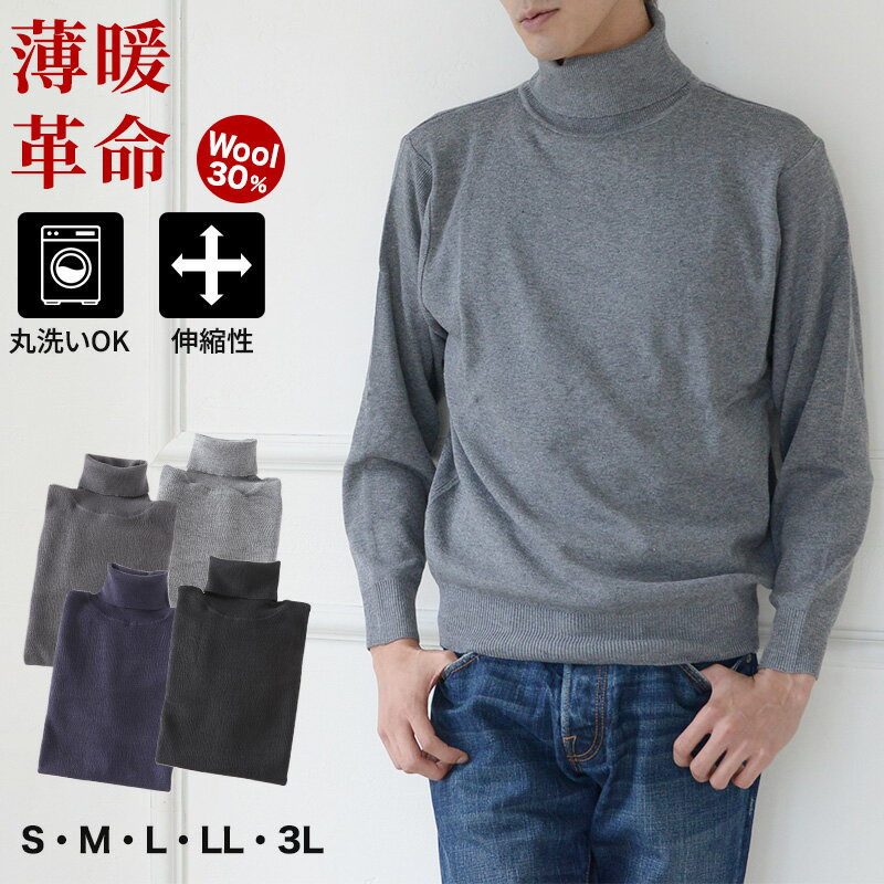 ニット セーター メンズ タートルネック 無地 S〜3L ( シンプル 冬服 洗える ビジネス オフィス カジュアル ウール S M L LL 3L 大きいサイズ 暖かい 防寒 とっくり スーツ )