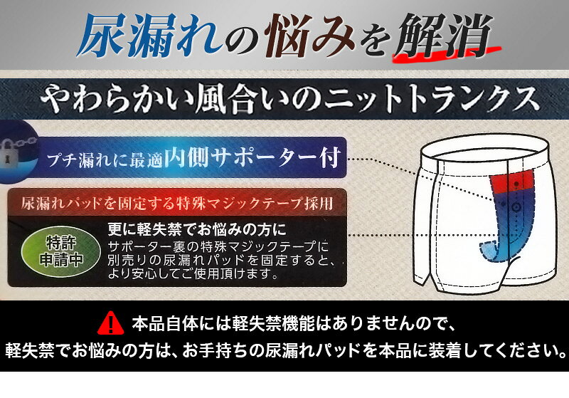 スクール用品のスクログの尿漏れ ニットトランクス 前あき 尿漏れパンツ 男性用 メンズ 軽失禁 尿もれ 本体綿100% M L LL 失禁パンツ 尿もれ 軽失禁 失禁対策 尿漏れケア 前開き 紳士肌着 介護 老人 敬老の日 プレゼント ギフトにおすすめ｜アングル2
