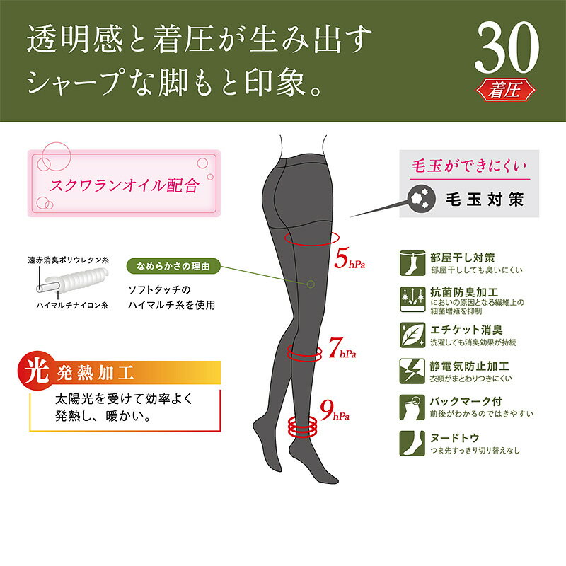 アツギ ATSUGI TIGHTS 30デニール着圧タイツ 2足組 S-M〜L-LL (アツギタイツ レディース 黒 ベージュ 肌色 グレー ブラウン 茶色)【在庫限り】 2