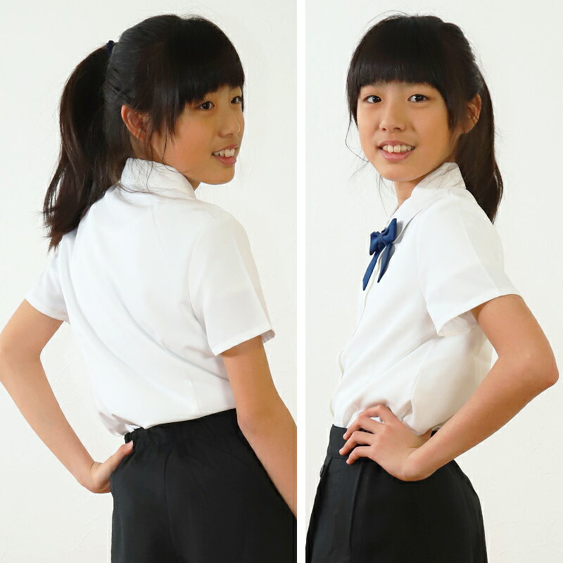 スクール用品のスクログのスクールシャツ 女子 半袖 リボンタイ付き ブラウス 子供 130cm〜170cm 丸襟 角衿 制服 通学 130 140 150 160 170 ノーアイロン フォーマル シャツ 女の子 ジュニア｜アングル2