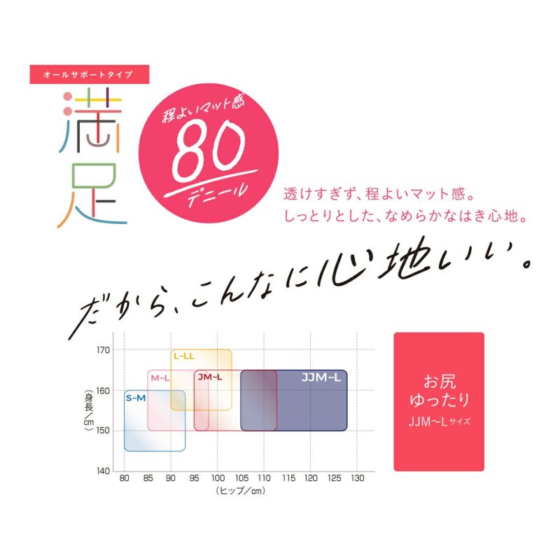 福助 満足 美しく心地いい ヒップおなかゆったりサイズ 80デニールタイツ JJM-L (フクスケ レディース ベージュ 黒 カラータイツ 発熱タイツ 暖かい ふくすけ)