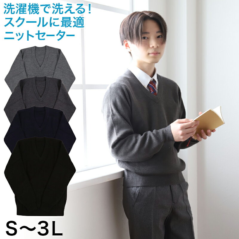 スクールセーター 男子 高校生 中学生 ニット 秋 冬 ウール S〜3L (スクール セーター vネック 制服 無地 洗える シンプル 防寒 暖かい 大きいサイズ S M L LL 3L)