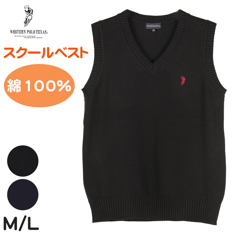 スクールベスト 女子 男子 学生 綿100％ スクール ニット 制服 ベスト vネック M L 紺 黒 ワンポイント 刺繍 通学 学校 ノースリーブ セーター（楽天・スクール用品のスクログ）