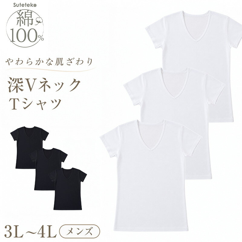 V-Neck - メンズ 綿100% 深Vネック Tシャツ 3枚セット 3L 4L 大きいサイズ 男性 紳士 半袖 下着 肌着 インナー 抗菌 防臭 白 黒 V首 コットン COTTON％ スーツ下 ビジネス ビジネスインナー オールシーズン 3枚組 まとめ売り