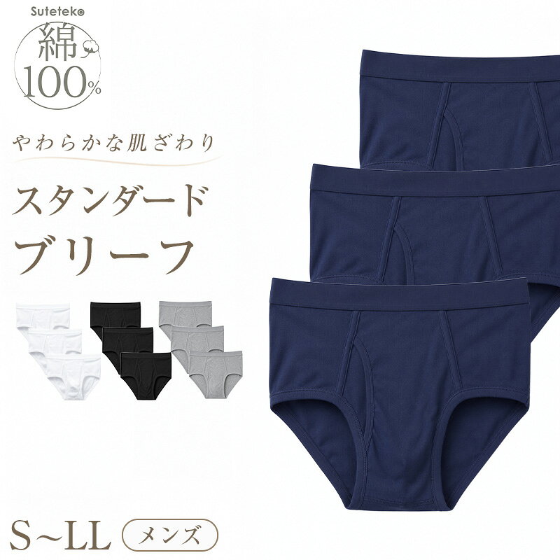 ブリーフ メンズ 綿100% パンツ スタンダード 前開き 3枚セット S M L LL 下着 インナー ブリーフパンツ 肌着 紳士肌着 男性 紳士 パンツ 綿100％ コットン 3枚組 まとめ売り