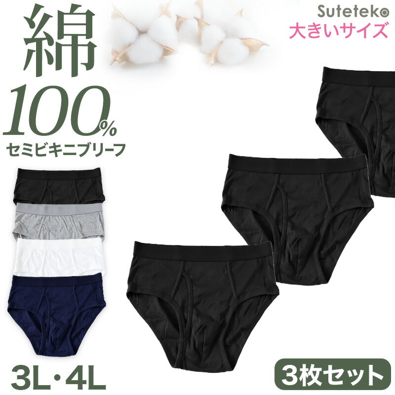 メンズ パンツ 綿100% セミビキニブリーフ 大きいサイズ 前開き 3枚セット 3L 4L ...