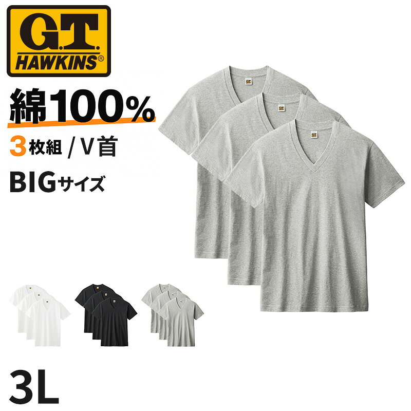 G.T.HAWKINS VネックTシャツ3枚組 大寸の紹介毎日使うメンズインナーに、綿素材の自然な風合いとベーシックな着やすさを。G.T.HAWKINSのVネックTシャツを3枚セットにした、洗い替えにも便利な半袖インナーシャツです。脇縫いなしのサイドシームレス設計、丈夫な天竺編み、すっきりしたV首仕様。大きいサイズのメンズ肌着を探している方にも選びやすい、通年使える定番の3枚組です。綿素材のベーシックな半袖インナー身生地には綿素材を使用しています。綿ならではの自然な風合いを生かし、普段使いしやすいシンプルな半袖Tシャツに仕上げました。生地はベーシックな天竺編みで、日常の洗濯を考えた丈夫な編み立てです。春夏は半袖インナーとして、秋冬はシャツやトップスの下に重ねる肌着として、一年を通して活躍。季節を問わず使いやすいメンズインナーや、コットン素材のVネックTシャツを探している方におすすめです。仕事の日のシャツ下、休日の普段使い、旅行や出張時の着替えなど、幅広いシーンで使えます。首元すっきりのVネック襟元はすっきりとしたVネック仕様です。丸首よりも首まわりが開いたデザインで、V首のメンズ肌着やVネックインナーを好む方に使いやすい形。襟にはGT.HAWKINSのロゴネームを付け、シンプルな中にブランドらしさを添えています。装飾を抑えた無地感覚のベーシックなデザインなので、年代を問わず毎日のインナーとして取り入れやすい一枚です。メンズ Vネック Tシャツ、半袖肌着、紳士下着を買い替えたい時にも選びやすい定番タイプ。脇縫いなしですっきりした肌当たり脇部分に縫い目がないサイドシームレス設計を採用しています。脇縫いなしにすることで、脇まわりの縫い目によるごろつきを抑え、肌当たりに配慮しました。インナーシャツは長時間着ることも多いもの。綿素材の風合いに加えて、縫製仕様にもこだわったシンプルなメンズ肌着です。脇縫いなしのメンズインナー、サイドシームレスの半袖肌着を探している方にもおすすめです。洗い替えに便利な3枚組同じVネックTシャツを3枚まとめた3枚組です。毎日の肌着は着用と洗濯を繰り返すため、複数枚をまとめてそろえておくと便利。洗い替え用としてはもちろん、手持ちの半袖インナーをまとめて買い替えたい時にも使いやすいセットです。3枚セット、3P、パックTといったまとめ買いタイプのメンズTシャツを探している方にもぴったり。毎日の着替えをそろえたい方や、定番の男性用インナーをまとめ買いしたい方にも適しています。大きいサイズを探している方にもこちらは大寸タイプのメンズVネックTシャツです。ゆったりめのサイズを探している方、通常サイズでは選択肢が限られる方にも選びやすいラインです。大きいサイズのメンズ肌着、Vネックインナー、半袖下着を探している方にもおすすめ。サイズ選びの際は、商品ページ内のサイズ表をご確認ください。毎日に取り入れやすいG.T.HAWKINSG.T.HAWKINSのベーシックなVネックTシャツは、素材、編み立て、縫製をシンプルにまとめた日常使いしやすいメンズインナーです。綿素材、天竺編み、脇縫いなし、半袖、Vネックという定番の仕様を一枚に。グンゼのメンズ肌着やGTホーキンスのインナーを探している方、コットン素材のV首Tシャツを選びたい方にも取り入れやすい一着です。こんな方におすすめです。綿素材のメンズVネックTシャツを探している方。脇縫いなしの半袖インナーシャツを選びたい方。大きいサイズの紳士肌着を探している方。洗い替え用に3枚組のメンズTシャツをまとめてそろえたい方。G.T.HAWKINSやグンゼのシンプルなメンズインナーを日常使いしたい方。毎日使いやすい素材と仕様を、便利な3枚セットで。普段の肌着から重ね着用のインナーまで、季節を問わず活躍するベーシックなVネック半袖Tシャツです。G.T.HAWKINS VネックTシャツ3枚組 大寸の詳細商品名G.T.HAWKINS VネックTシャツ3枚組 大寸対象者メンズ 紳士 男性 男ミドル 社会人 成人 アラサー アラフォー アラフィフシニア シルバー 高齢者 年配 老人 祖父 おじいちゃん お年寄りサイズ3L (身長:175cm以上/胸囲:112-120cm)※商品のサイズは、裁断・縫製・素材の伸縮などにより、若干の個体差が生じる場合がございます。カラーA：ホワイトC：ブラックE：グレーモク※モニターやスマートフォンの環境により、掲載写真と実物で色味が異なる場合がございます。素材・加工綿100%◆特長綿100％ 脇縫いなし生産国日本企画海外製　※生産時期によって、原産国が異なる場合がございます関連キーワードグンゼ GTホーキンス しまむらファンにおすすめ m-ss-v HK15153G.T.HAWKINS VネックTシャツ3枚組 大寸◆おすすめのカテゴリ 毎日使うメンズインナーに、綿素材の自然な風合いとベーシックな着やすさを。G.T.HAWKINSのVネックTシャツを3枚セットにした、洗い替えにも便利な半袖インナーシャツです。脇縫いなしのサイドシームレス設計、丈夫な天竺編み、すっきりしたV首仕様。大きいサイズのメンズ肌着を探している方にも選びやすい、通年使える定番の3枚組です。綿素材のベーシックな半袖インナー身生地には綿素材を使用しています。綿ならではの自然な風合いを生かし、普段使いしやすいシンプルな半袖Tシャツに仕上げました。生地はベーシックな天竺編みで、日常の洗濯を考えた丈夫な編み立てです。春夏は半袖インナーとして、秋冬はシャツやトップスの下に重ねる肌着として、一年を通して活躍。季節を問わず使いやすいメンズインナーや、コットン素材のVネックTシャツを探している方におすすめです。仕事の日のシャツ下、休日の普段使い、旅行や出張時の着替えなど、幅広いシーンで使えます。首元すっきりのVネック襟元はすっきりとしたVネック仕様です。丸首よりも首まわりが開いたデザインで、V首のメンズ肌着やVネックインナーを好む方に使いやすい形。襟にはGT.HAWKINSのロゴネームを付け、シンプルな中にブランドらしさを添えています。装飾を抑えた無地感覚のベーシックなデザインなので、年代を問わず毎日のインナーとして取り入れやすい一枚です。メンズ Vネック Tシャツ、半袖肌着、紳士下着を買い替えたい時にも選びやすい定番タイプ。脇縫いなしですっきりした肌当たり脇部分に縫い目がないサイドシームレス設計を採用しています。脇縫いなしにすることで、脇まわりの縫い目によるごろつきを抑え、肌当たりに配慮しました。インナーシャツは長時間着ることも多いもの。綿素材の風合いに加えて、縫製仕様にもこだわったシンプルなメンズ肌着です。脇縫いなしのメンズインナー、サイドシームレスの半袖肌着を探している方にもおすすめです。洗い替えに便利な3枚組同じVネックTシャツを3枚まとめた3枚組です。毎日の肌着は着用と洗濯を繰り返すため、複数枚をまとめてそろえておくと便利。洗い替え用としてはもちろん、手持ちの半袖インナーをまとめて買い替えたい時にも使いやすいセットです。3枚セット、3P、パックTといったまとめ買いタイプのメンズTシャツを探している方にもぴったり。毎日の着替えをそろえたい方や、定番の男性用インナーをまとめ買いしたい方にも適しています。大きいサイズを探している方にもこちらは大寸タイプのメンズVネックTシャツです。ゆったりめのサイズを探している方、通常サイズでは選択肢が限られる方にも選びやすいラインです。大きいサイズのメンズ肌着、Vネックインナー、半袖下着を探している方にもおすすめ。サイズ選びの際は、商品ページ内のサイズ表をご確認ください。毎日に取り入れやすいG.T.HAWKINSG.T.HAWKINSのベーシックなVネックTシャツは、素材、編み立て、縫製をシンプルにまとめた日常使いしやすいメンズインナーです。綿素材、天竺編み、脇縫いなし、半袖、Vネックという定番の仕様を一枚に。グンゼのメンズ肌着やGTホーキンスのインナーを探している方、コットン素材のV首Tシャツを選びたい方にも取り入れやすい一着です。こんな方におすすめです。綿素材のメンズVネックTシャツを探している方。脇縫いなしの半袖インナーシャツを選びたい方。大きいサイズの紳士肌着を探している方。洗い替え用に3枚組のメンズTシャツをまとめてそろえたい方。G.T.HAWKINSやグンゼのシンプルなメンズインナーを日常使いしたい方。毎日使いやすい素材と仕様を、便利な3枚セットで。普段の肌着から重ね着用のインナーまで、季節を問わず活躍するベーシックなVネック半袖Tシャツです。