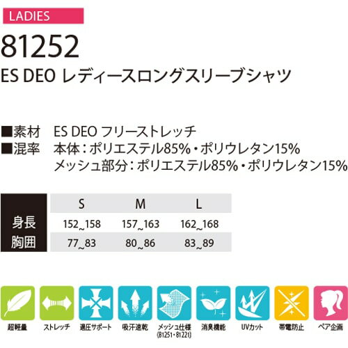 藤和 TS Design ES DEO レディースロングスリーブシャツ 長袖インナー 81252 夏用 涼しい 暑さ対策 クール 2020年春夏新作 JIS T8118 コンプレッション 吸汗速乾 消臭 UVカット 帯電防止 アンダーシャツ