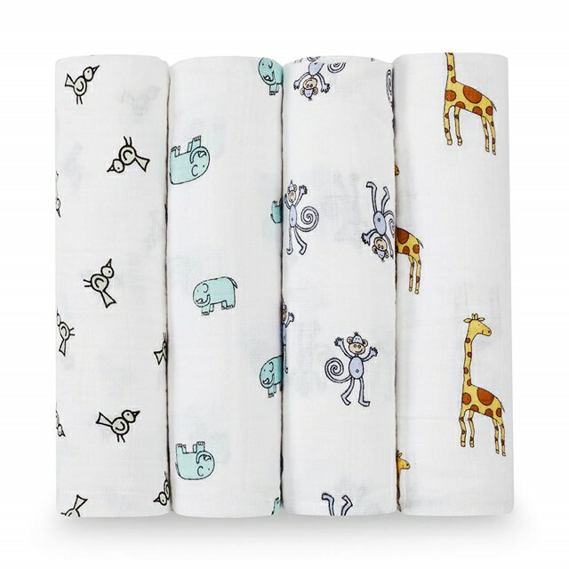 【muslin swaddles 4-pack】 モスリンコットン100%　モスリン スワドル 4枚入り ■種類■ jungle jam ジャングルジャム (2026) 中世のバングラデシュで生まれたといわれているモスリンコットンは織目が細かく通気がよい素材です。 肌ざわりが非常によく、柔らかいながらも丈夫な最高級の織物の一つです。 エイデンアンドアネイは、長い歴史のあるモスリンを使用することで「赤ちゃんに安心と快適さをもたらし、育児をシンプルにできる」と信じています。 [120cm × 120cm] の大判サイズ 使い方はいろいろ、ベビーカーの日よけカバー、バスタオル、ブランケット、授乳ケープ、おむつ替えシーツなど 使うほどにやわらかくなります ■スワドル（おくるみ）の使い方■ それぞれの赤ちゃんに個性があるのはもちろんですが、おくるみの中にいる時に赤ちゃんが感じる居心地のよさや安心感は、世界共通のものです。 おくるみの使い方はシンプルで、4ステップで簡単におくるみを巻くことができます。最初のうちは、少し時間がかかるかもしれませんが、慣れるとテクニックを習得するのも簡単です。 おくるみの巻き方に「正しい巻き方」はありません。赤ちゃんとママ・パパにとって安定した習慣を積み上げることが大切です。 ★★並行輸入品・非正規品にご注意ください！★★■エイデンアンドアネイについて エイデンアンドアネイはニューヨーク発、ベビーのためにママ、レーガンが設立したモスリンコットン製のおくるみブランドです。 使うほどに柔らかくお肌になじむモスリンコットンは赤ちゃんに安心してご利用いただけます。 おくるみだけではなくスタイ、ブランケット、スリーパー、ウォッシュクロス、タオルまで幅広いラインナップがあります。 ■おくるみのラインナップ おくるみの習慣は紀元前までさかのぼり、その習慣は今日まで受け継げられています。 通気のよい布を使うことにより熱がこもらず包め、大きめサイズなので使い勝手も抜群です。 生地の種類は【モスリンコットン100％】、竹繊維を使ったレーヨン素材の【シルキーソフト】、【オーガニックモスリンコットン】です 【モスリンコットン】 中世のバングラデシュで生まれたといわれているモスリンコットンは織目が細かく通気がよい素材です。肌ざわりが非常によく、柔らかいながらも丈夫な最高級の織物の一つです。 エイデンアンドアネイは、長い歴史のあるモスリンを使用することで「赤ちゃんに安心と快適さをもたらし、育児をシンプルにできる」と信じています。 通気がよく快適で赤ちゃんのお肌にも安心。軽くて柔らかいモスリンは通気がよいので、赤ちゃんを適度な温度に保つことができます。 使えば使うほどお肌になじみます。モスリンコットンは丈夫で洗濯機で洗える素材なので、お洗濯の多いベビー用品には最適です。洗うたびに柔らかくなり、肌ざわりが良いという特性があります。 赤ちゃんを心地よく包み込みます。繊細で丈夫な織り目のモスリンは適度な伸縮性も持ち合わせているので、赤ちゃんを締め付け過ぎず、ほどよい強さで包むことができます。 ▼お洗濯 　通常のお洗濯物と同様、一般的な洗濯洗剤や柔軟剤を使用して洗濯機で洗っていただけます。 製品によって色落ち・色移りすることがありますのでご注意ください。ご使用の前に一度、洗濯することをおすすめします。 一緒に洗濯するものによっては、ほつれ・やぶれ等の恐れがありますので、ネットに入れていただくことをおすすめします。 タンブラー乾燥はお避けください。アイロンがけは不可です。 【シルキーソフト】 シルキーソフトは竹繊維が原料のレーヨン100%で作られた素材です。シルクのような、サラリとして滑らか肌ざわりが特長で、赤ちゃんも快適に過ごすことができます。 また丈夫なモスリン織ですのでモスリンコットンと同様に通気性がよく伸縮性もあります。また洗濯機で洗うことができ、いつでも清潔に保てます。 ▼お洗濯 通常のお洗濯物と同様、一般的な洗濯洗剤や柔軟剤を使用して洗濯機で洗っていただけます。 製品によって色落ち・色移りすることがありますのでご注意ください。ご使用の前に一度、洗濯することをおすすめします。 一緒に洗濯するものによっては、ほつれ・やぶれ等の恐れがありますので、ネットに入れていただくことをおすすめします。 タンブラー乾燥はお避けください。アイロンがけは不可です。 　※注意※モスリンコットンより繊細な素材ですので、お取り扱いの際はご注意ください。 【オーガニックモスリンコットン】 環境にやさしいオーガニックコットンを原料に作られた生地です。 クラシックのモスリンコットンと同じように、ふんわり柔らかな肌ざわりです。こだわり派のあなたにぴったりな生地です。 オーガニックコットンもモスリン織です。 ▼お洗濯 通常のお洗濯物と同様、一般的な洗濯洗剤や柔軟剤を使用して洗濯機で洗っていただけます。 製品によって色落ち・色移りすることがありますのでご注意ください。ご使用の前に一度、洗濯することをおすすめします。 一緒に洗濯するものによっては、ほつれ・やぶれ等の恐れがありますので、ネットに入れていただくことをおすすめします。 タンブラー乾燥はお避けください。アイロンがけは不可です。 ★★並行輸入品・非正規品にご注意ください！★★