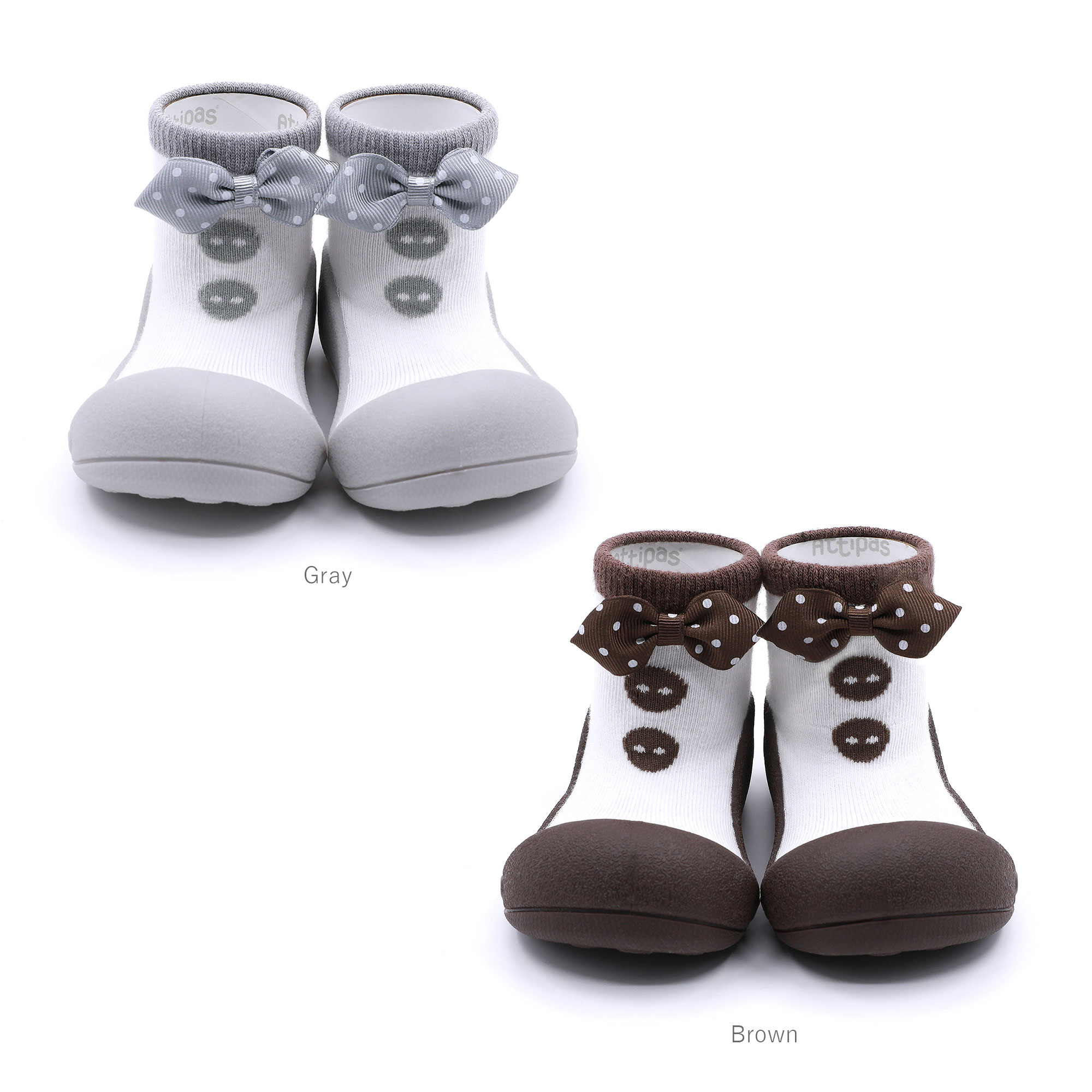 アティパス dot ribbon (a21ge)　Attipas ベビーシューズ ソックスシューズ 出産祝い プレゼント ギフト weskiii brown gray ブラウン グレー