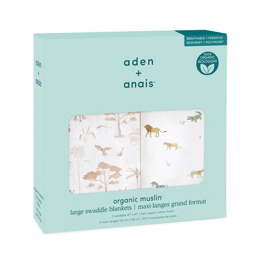 aden&anais オーガニック スワドル 2枚パック サファリドリーム safari dreams 2-pack organic swaddles エイデンアンドアネイ 出産祝い プレゼント ギフト organic collection safari 動物 animal