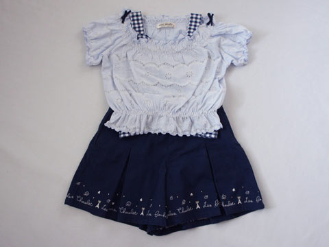 [m] ポンポネット pom ponette アウトレット 子供服 女の子 130cm Tシャツ タンクトップ キュロット スカート 3点 紺 チェック 水色 春 夏 ★3 セットアップ ガールズ 女児 キッズ 【中古】 ユーズド リサイクル 古着 子ども服 こども