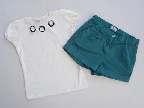 [m] イルグッフォ il gufo マメール アウトレット 子供服 女の子 6歳 約 110cm 半袖 Tシャツ ショート パンツ 2点 白 緑 春 夏 ★3 セットアップ ガールズ 女児 キッズ 【中古】 ユーズド リサイクル