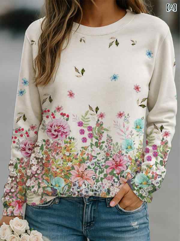 Rakuten - パーカー 女性 かわいい ゆったり かっこいい 涼しい パーカー 女性 かわいい ゆったり かっこいい 涼しい と アメリカ クロスボーダー 春の レディースカジュアルファッション エスニック プリント 長袖 ラウンドネックプルオーバー スウェットシャツ
