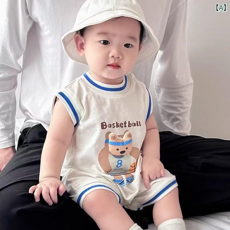 Rakuten - ベビー 夏服 ノースリーブ ジャンプスーツ 新生児 薄型 通気性 半袖 夏 ベスト クローラー 服