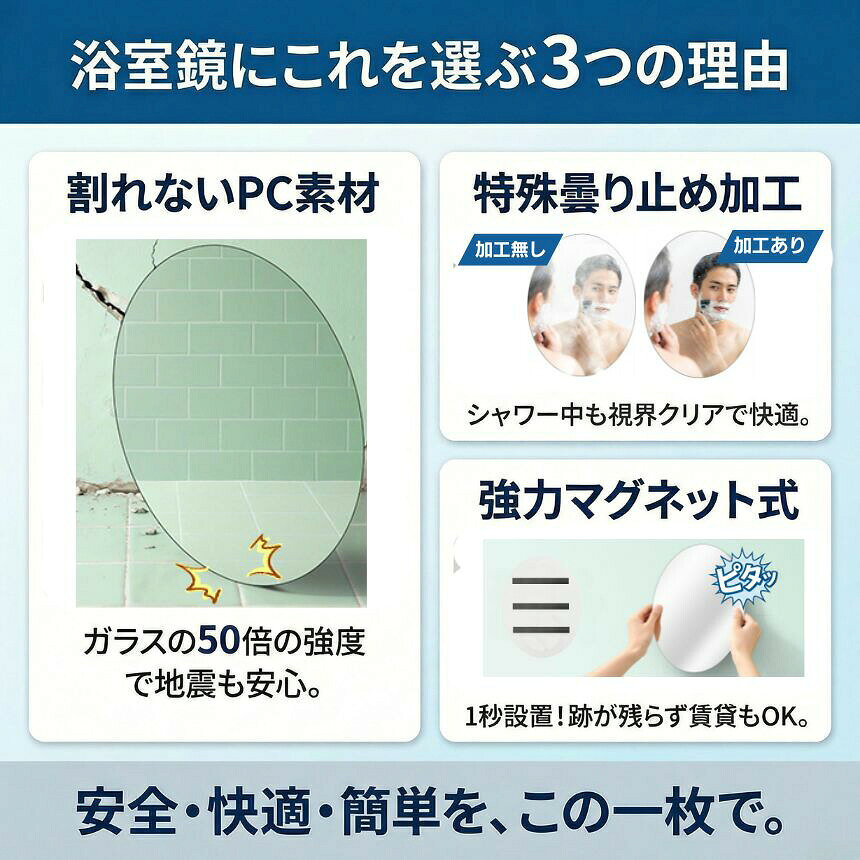 マナエスタイルの鏡 マグネット お風呂 浴室鏡 バスミラー ミラー 磁石 曇らない くもらない くもり止め 曇り止め 割れない パネルミラー 樹脂ミラー 浴室ミラー 軽量 DIY リフォーム 浴室 風呂 バスルーム 洗面所 賃貸 ユニットバス ロッカー 玄関 冷蔵庫｜アングル3