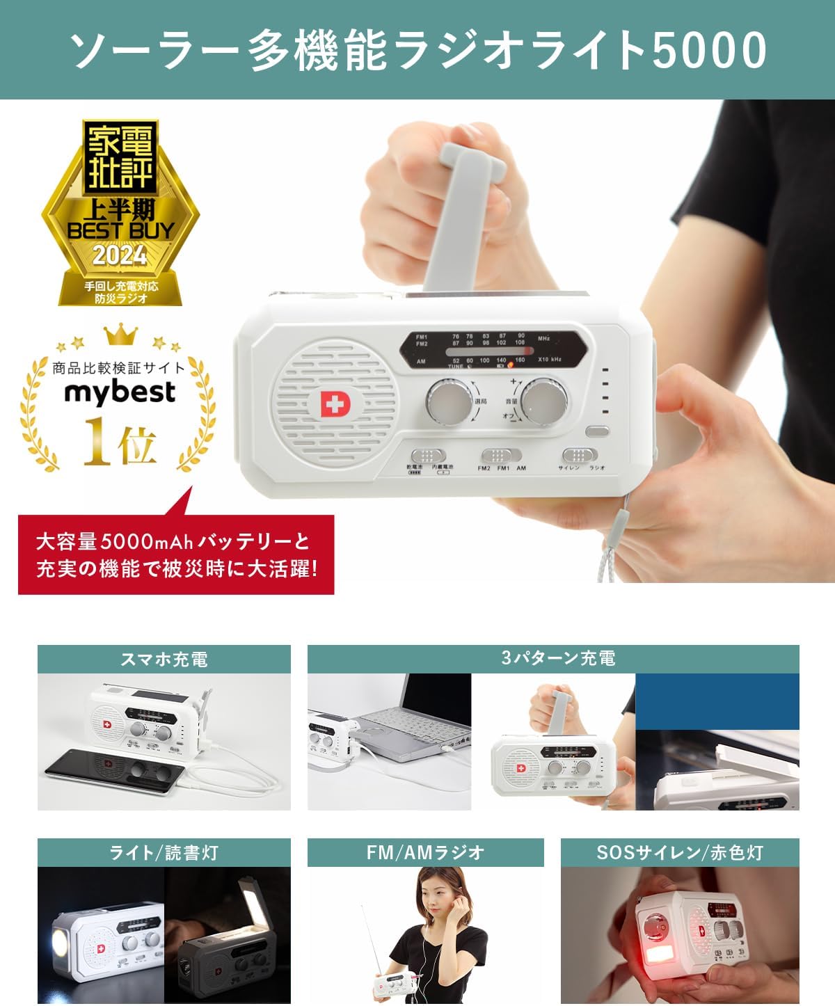 ソーラー多機能 防災ラジオ ライト 5000mAhバッテリー搭載 スマホ充電 手回し 充電3パターン rt610 manatom-10000611 manatom サンプル画像3