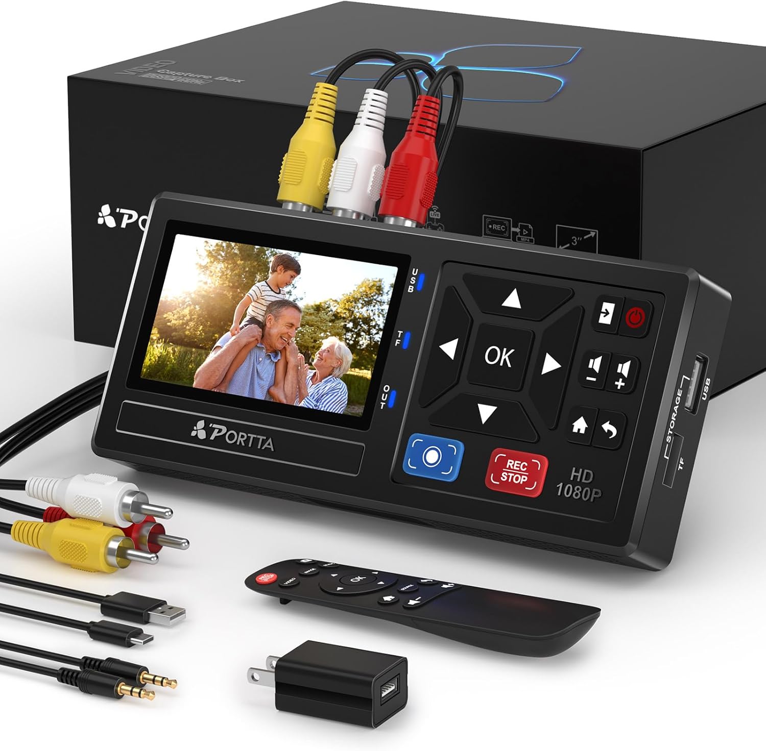 Portta ビデオキャプチャー VHSデータ化 ビデオ ビデオデジタル機 デジタル保存 rt811 ビデオテープ テープダビング モ ミニエディション - ビデオレコーダー VHS テープ AV RCA Hi8 ビデオカメラ DVD ゲームシステム 【ビデオデジタル コンバータ】アナログビデオとオーディオ信号をデジタルフォーマットに簡単に変換して保存します。AV/RCA（CVBS+R/L）、S-Video、AUX入力をサポートします。プラグアンドプレイ、PC、ソフトウェア、ドライバ不要。・【USB/SDカードストレージ】3.0インチプレビューLCDと内蔵スピーカーを搭載。USBドライブやTFカード（別売）の容量制限なし。録画した動画や音声を直接再生でき、キャプチャボックスでスナップショットをプレビューできます。・【ビデオ＆オーディオフォーマット】MP4フォーマットのビデオまたはMP3フォーマットのオーディオを保存します。NTSC-M/J 3.58, NTSC 4.43, PAL B/G/H/I/D (PAL/N)標準TVフォーマット入力に対応。非圧縮2チャンネルLPCMデジタルオーディオ出力で最大48KHzのオーディオサンプリングレート。セットアップの注意事項 CVBS R/L（AV入力）またはAUX-IN（3.5mm）のいずれかが正しく接続されていることを確認してください。設定（HOME -_ Settings）で、選択した入力のVideo-IN-VolumeとAUX-IN-Volumeがミュートされていないことを確認してください。・【幅広い互換性】VHS、VCR、DVR、DVD、Hi8、カムコーダー、Mini DV、カセットテーププレーヤー、レトロゲーム機のビデオ録画とデジタル化をサポートします。・【内容物】ビデオキャプチャボックス×1、電源アダプタ（USBタイプA-Cケーブル付き）×1、リモコン（2*AAA電池は付属していません）×1、AVケーブル×1、3.5mmオーディオケーブル×1、ユーザーマニュアル×1 5