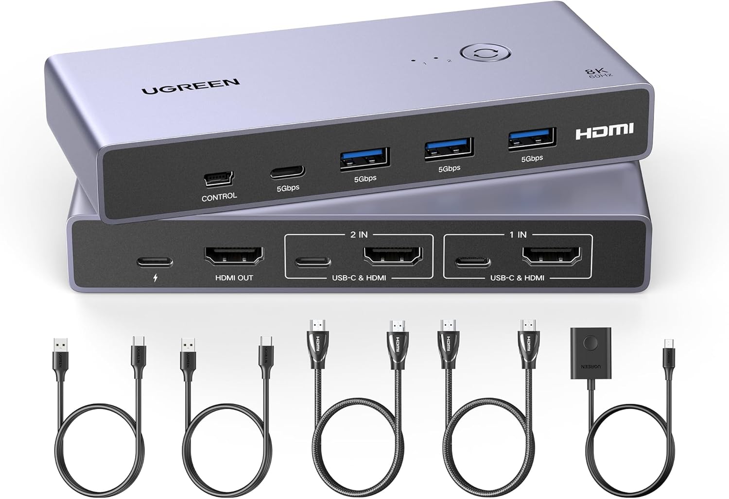 UGREEN HDMI2.1 KVM切替器 2入力1出力rt861 2台PC・1台モニターをスムーズ共有、HDMI2.1規格による8K60Hz超高精細画質出力 2入力1出力 USB3.0 HDMI KVM切替器：このHDMI KVM切り替え機は、2台のパソコンを1台のHDMIディスプレイと1本のUSB-C機器＆1組のマウス・キーボード、プリンターなどのUSB機器を共有できます。それぞれのPCにディスプレイを用意する必要がなく、省スペース・広々とした操作感を両立できます。8K60Hz / 4K240Hz超高精細な映像を実現：現在のフルハイビジョンの16倍にあたる7,680×4,320ピクセル、約3,318万画素によるより鮮明で鮮やかな画像の詳細が表示できるようになりました。4KのUHD解像度でも、リフレッシュレート240Hzによって画面がぼやけず、滑らかに表示され、一つ一つの シーンがよりはっきり見えるようになります。USB 3.0 x 3 & USB-C x 1で高速データ伝送を実現：HDD、マウス・キーボード、プリンターなどのUSB機器をPCで共有することができます。USB3.0とUSB-C ポートは最大5Gbpsの伝送速度に達します。USBポートにマウスやキーボードのレシーバーを接続することで、ワイヤレスタイプのデバイスも使用可能です。ドライバー不要、切替簡単：ソフトウェアのインストールが不要で接続するだけで切り替えて使用することができます。パソコンの切替は、本体ボタンと手元ボタンの2種類です。製品上面のボタンを押すだけの簡単操作、手元に設置できる手元スイッチも搭載され、楽にパソコンの切り替えもできます。 5