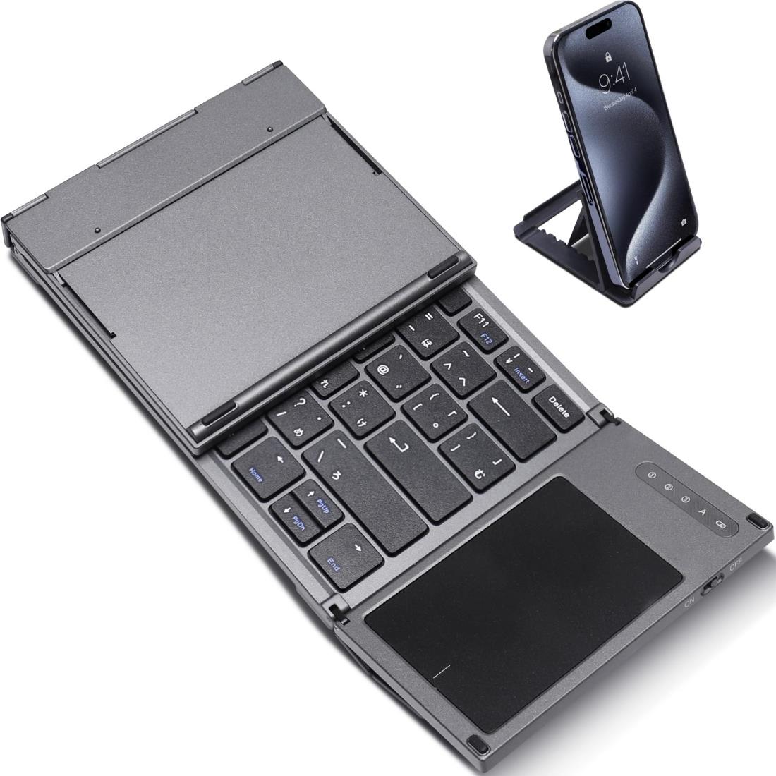 ワイヤレス キーボード bluetooth 折り畳み 日本語配列 タッチパッド搭載 充電式 三台同時切替 iOS/Android/Mac/Windows対応 iphone ipad パソコン タブレット スマホ スタンド付き 日本語取説 (Black)