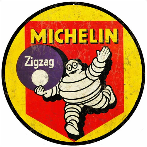 ミシュラン MICHELIN 丸型ブリキ看板 Zigzag ビバンダム ヘビースチールサイン