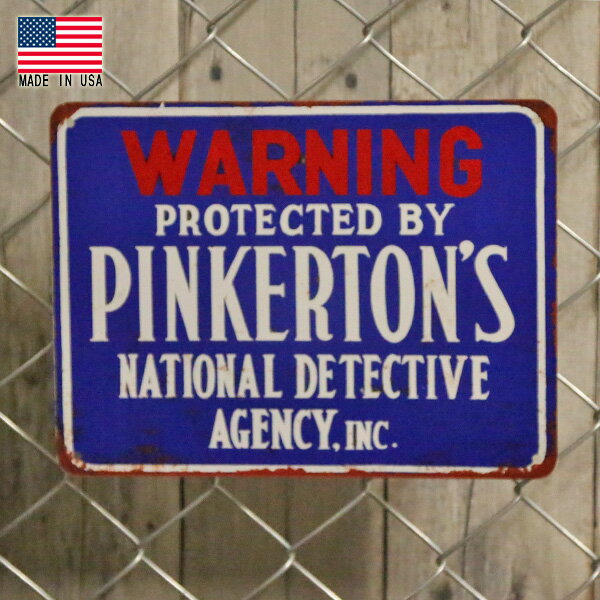 メタルサイン "PINKERTTON'S NATIONAL DETECTIVE AGENCY" ピンカートン探偵社 ヴィンテージ調看板 23cm×30.5cm Made in USA ■ 壁掛け ガレージ ブルー レッド ホワイト