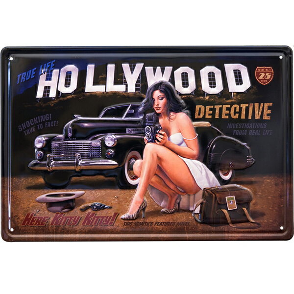 ブリキ 看板 HOLLYWOOD DETECTIVE エンボス サイン 30cm×20cm ■ ハリウッド 探偵 美女 メタルサイン 店舗用 壁掛け インテリア ショップ ガレージ 雑貨