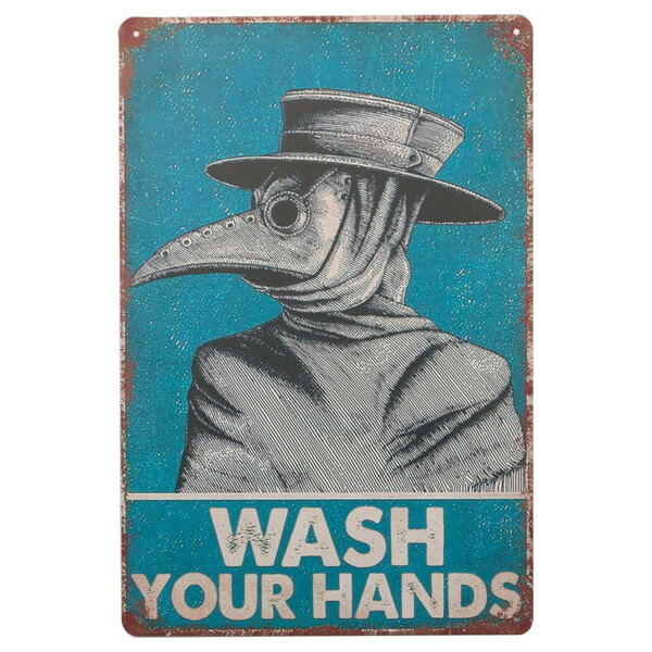 メタルサイン "WASH YOUR HANDS" 手を洗ってください ペスト医師 30cm×20cm ■ アンティーク調 レトロ調..