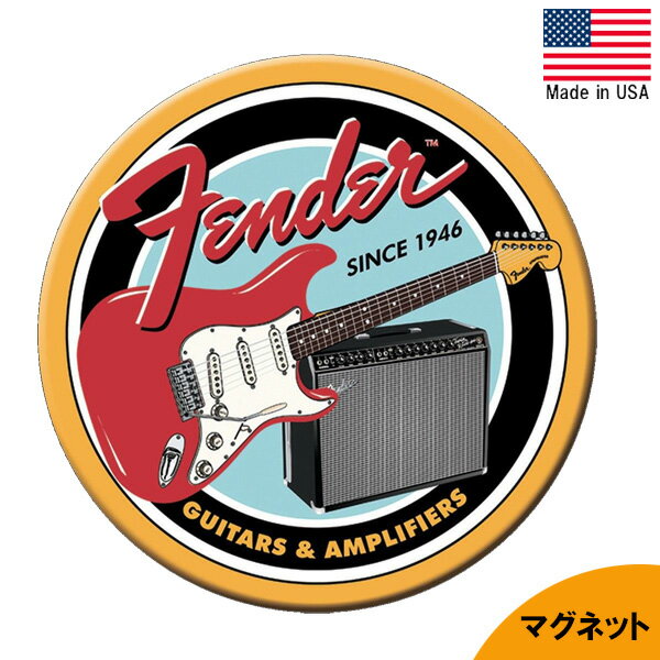 缶マグネット "Fender GUITARS & AMPLIFIERS" フェンダー ブリキ 直径7.5cm アメリカ製 ■ ギター アン..