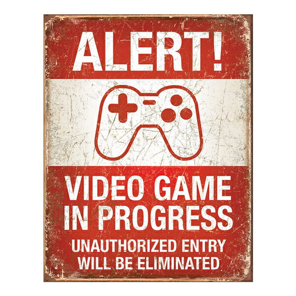 メタルサイン "ALERT VIDEO GAME IN PROGRESS" 警告！テレビゲーム中につき許可なき入室は禁止 横31cm×..