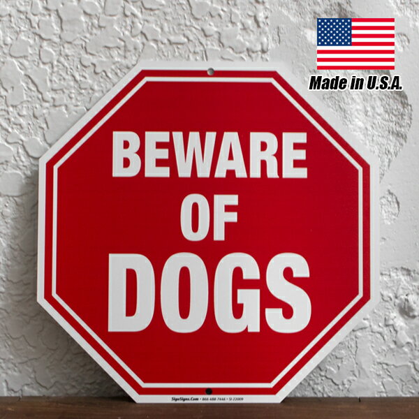 メタルサイン "BEWARE OF DOGS" 猛犬注意 30.5cm×30.5cm ■ 犬に注意 八角形 標識 雑貨 ガレージ 壁掛け おしゃれ 看板 イヌ ペット 注意喚起 サインボード 庭 ガーデン