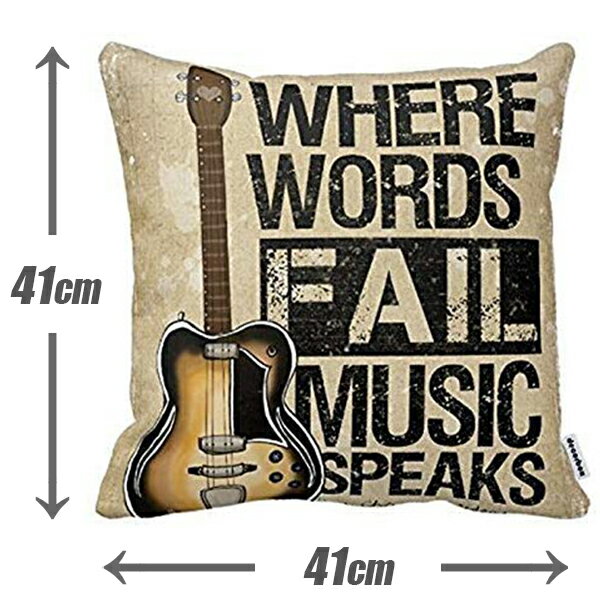 クッションカバー ギター 41cm×41cm Where Words Fall Music Speaks ■ コットンリネン 雑貨 インテリア おしゃれ 角型 男前 プレゼント