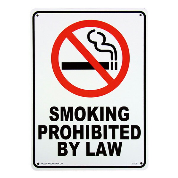 プラスチックサイン SMOKING PROHIBITED BY LAW (喫煙は法律で禁止されています) 35.5cm×25.5cm ■ インテリア 雑貨 ガレージ 壁掛け ブラック レッド ホワイト