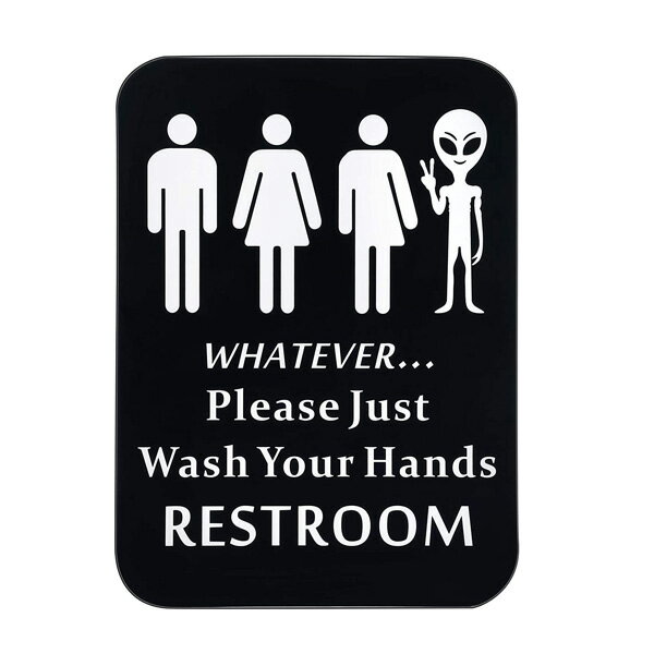 プラスチックサイン レストルーム "RESTROOM WHATEVER Just Wash Your Hands Please" 人間 エイリアン 縦30cm×横22cm ■宇宙人 トイレ 壁掛け WC 表示 壁掛け インテリア 雑貨