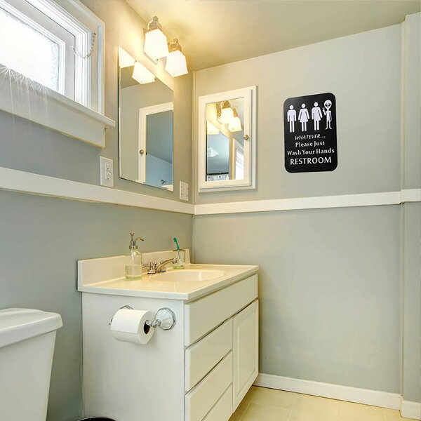 プラスチックサイン "RESTROOM" レストルーム トイレ 人間 エイリアン 縦30cm×横22cm ■ WHATEVER Just Wash Your Hands Please 宇宙人 トイレ 壁掛け WC 表示 案内 壁掛け インテリア 雑貨 [2]