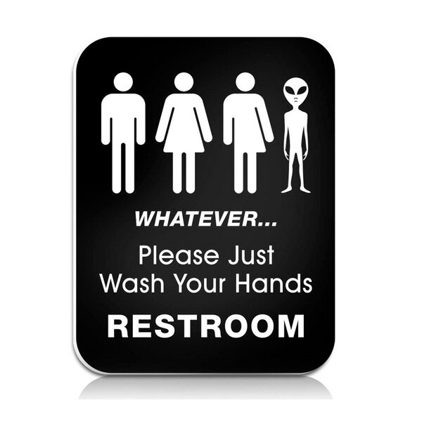 プラスチックサイン レストルーム RESTROOM WHATEVER Just Wash Your Hands Please 人間 エイリアン 縦31cm×横23cm ■宇宙人 トイレ 壁掛け WC 表示 壁掛け インテリア 雑貨