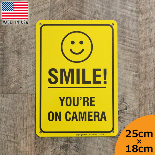 メタルサイン SMILE YOU'RE ON CAMERA(カメラの前では笑ってね) 看板 25cm×18cm ■ ブリキ看板 インテリア 雑貨 壁掛け ガレージ メイドインUSA イエロー ブラック