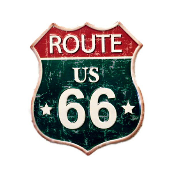 【ブリキ看板】【ルート66】ROUTE US 66 アンティーク調 エンボス 看板 38.5cm×33cm【雑貨 インテリア 壁掛け ガレージ 店舗用 USA ブルー ネイビー ホワイト レッド】