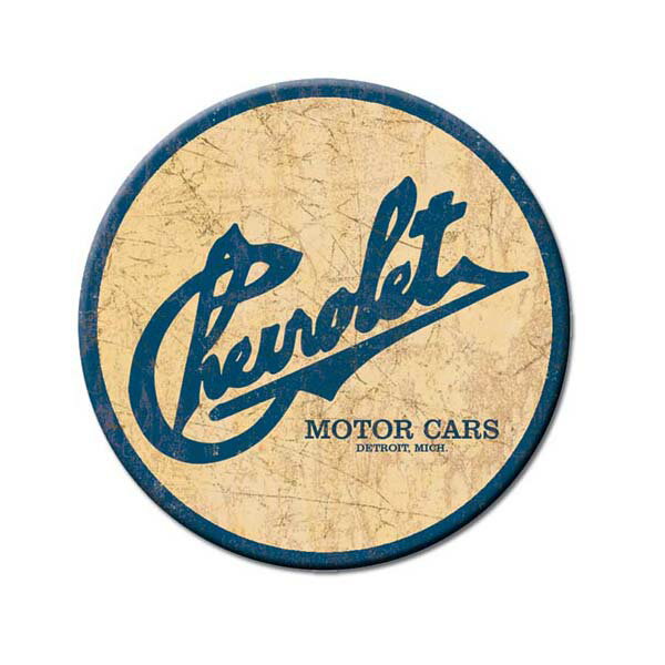 Chevrolet MOTOR CARS シボレー 筆記体ロゴ ブリキ 円形マグネット 直径約7.5cm
