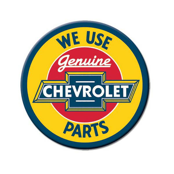 【缶 マグネット】シボレー ロゴ WE USE genuine CHEVROLET PARTS ブリキ 円形マグネット 直径約7.5cm..