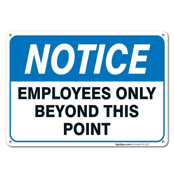 【ブリキ看板】NOTICE EMPLOYEES ONLY BEYOND THIS POINT(ここから先は従業員のみ）メタルサイン 18cm×25.5cm【インテリア 雑貨 壁掛け ガレージ 標識 店舗 ブルー ホワイト】