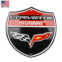 【ブリキ看板】【シボレー】CHEVROLET CORVETTE HIGHWAY エンボス 29cm×29cm【コルベット 雑貨 インテリア 壁掛け ガレージ 車 カー メイドインUSA ホワイト ブラック レッド】