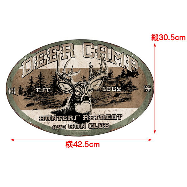 【ブリキ看板】DEER CAMP ビンテージ調 エンボス 30.5cm×42.5cm【鹿 シカ インテリア 雑貨 壁掛け ガレージ グリーン ホワイト ブラウン】