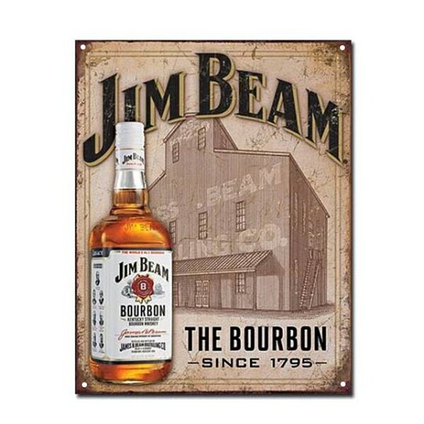 ブリキ看板 JIM BEAM ビンテージ調 サイン 40.5cm×32cm ■ 酒 インテリア 雑貨 アメリカン ショップ ガレージ ブラウン ホワイト