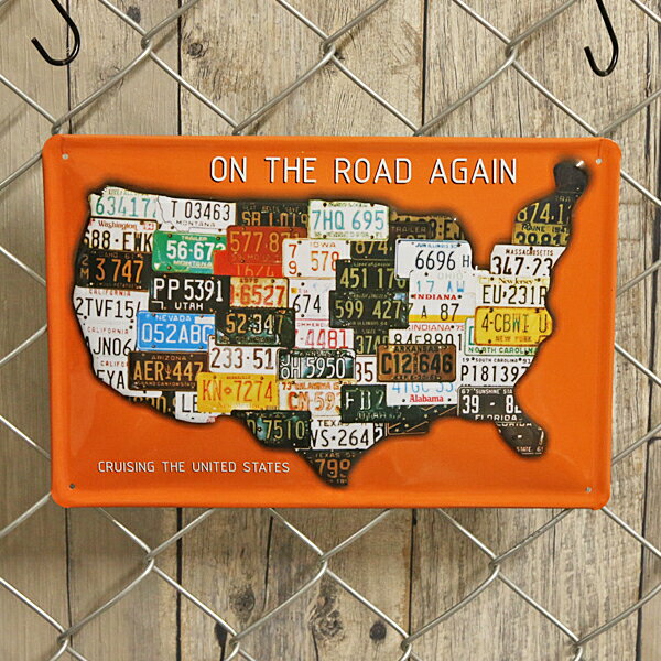 楽天MANCAVE 【マンケイブ】ブリキ看板 ON THE ROAD AGAIN CRUISING THE UNITED STATES エンボス サイン 20cm×30cm ■ インテリア 雑貨 アメリカ 地形 ガレージ 壁掛け