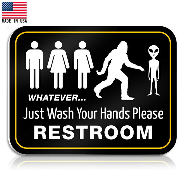 プラスチックサイン レストルーム WHATEVER Just Wash Your Hands Please サイン 人間 エイリアン ビッグフット 22cm×29cm 両面テープ式 Made in USA ■宇宙人 トイレ 壁掛け WC 表示 壁掛け インテリア 雑貨