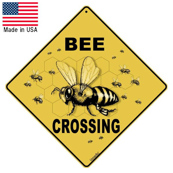 メタルサイン 蜂横断 "BEE CROSSING" 縦42cm×横42cm アルミサイン アメリカ製 ■ ハチ ミツバチ 注意 インテリア 看板 アメリカ雑貨 壁掛け ショップ ガレージ