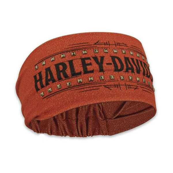 【商品詳細】 ハーレーダビッドソンオフィシャル！ スタッズ付き レディース ヘッドバンドです！ 前面に「HARLEY-DAVIDSON」のテキストロゴとそれを囲むように配置されたピラミッド型のスタッズ。 ハーレーと言えばこの色というオレンジ...
