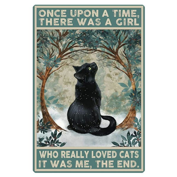 メタルサイン "ONCE UPON A TIME, THERE WAS A GIRL" 猫 ビンテージ風 看板 30cm×20cm ■ ネコ 黒猫 イ..